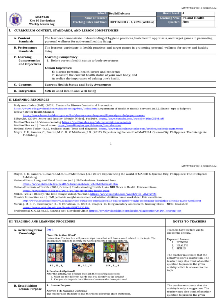 DLL Matatag - Pe & Health 4 Q1 Week 3 - 6 | PDF