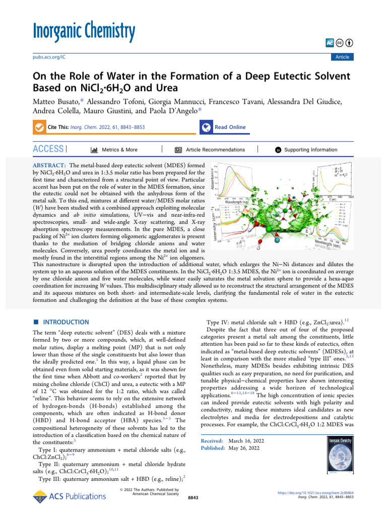 On The Role of Water in The Formation of A Deep Eutectic Solvent Based ...