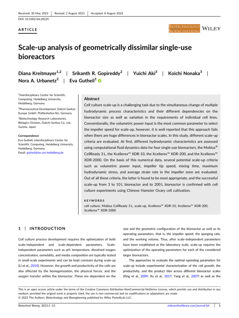 Scale-Up Analysis of Geometrically Dissimilar Single-Use Bioreactors | PDF