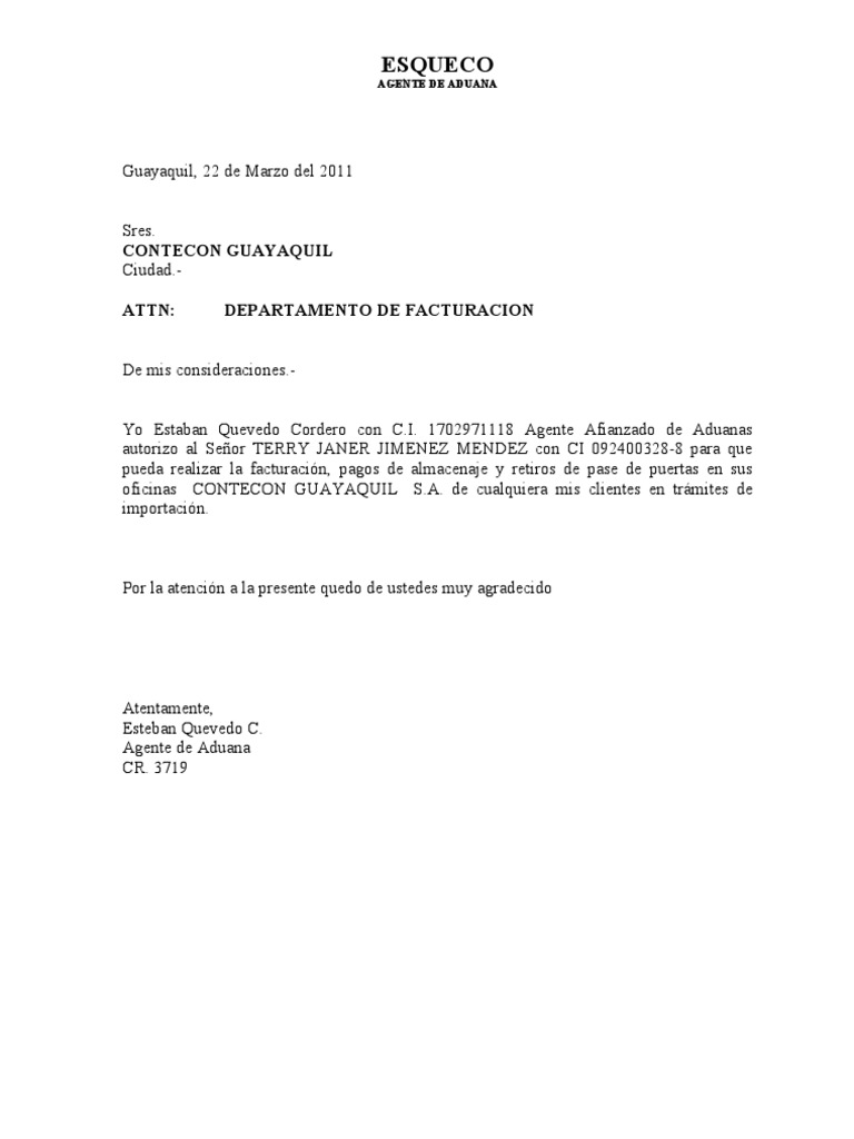 Carta Para Aduana Pdf Aduana Ecuador