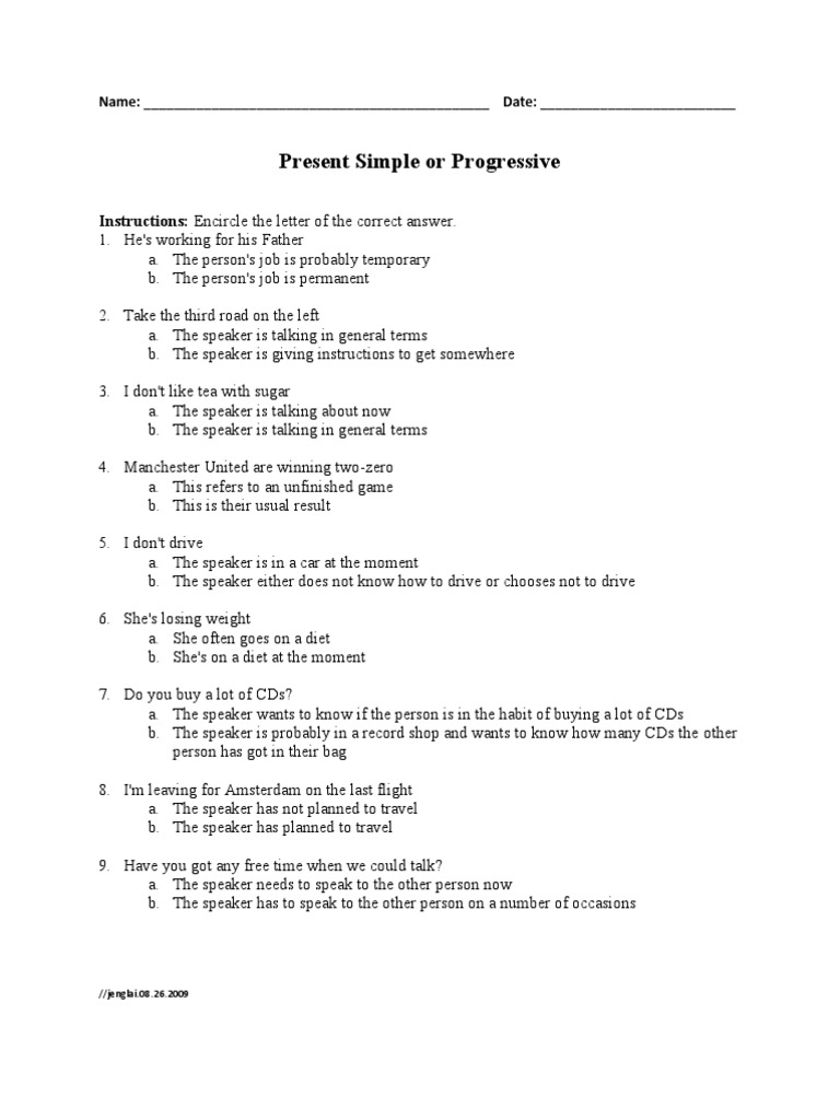 Present Simple vs. Progressive Quiz | PDF | Rules | Languages