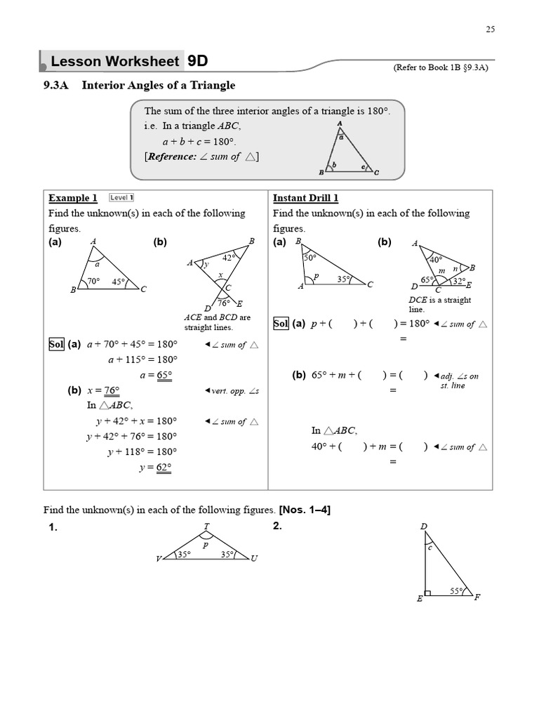Lesson Worksheet: 9.3A Interior Angles of A Triangle | PDF