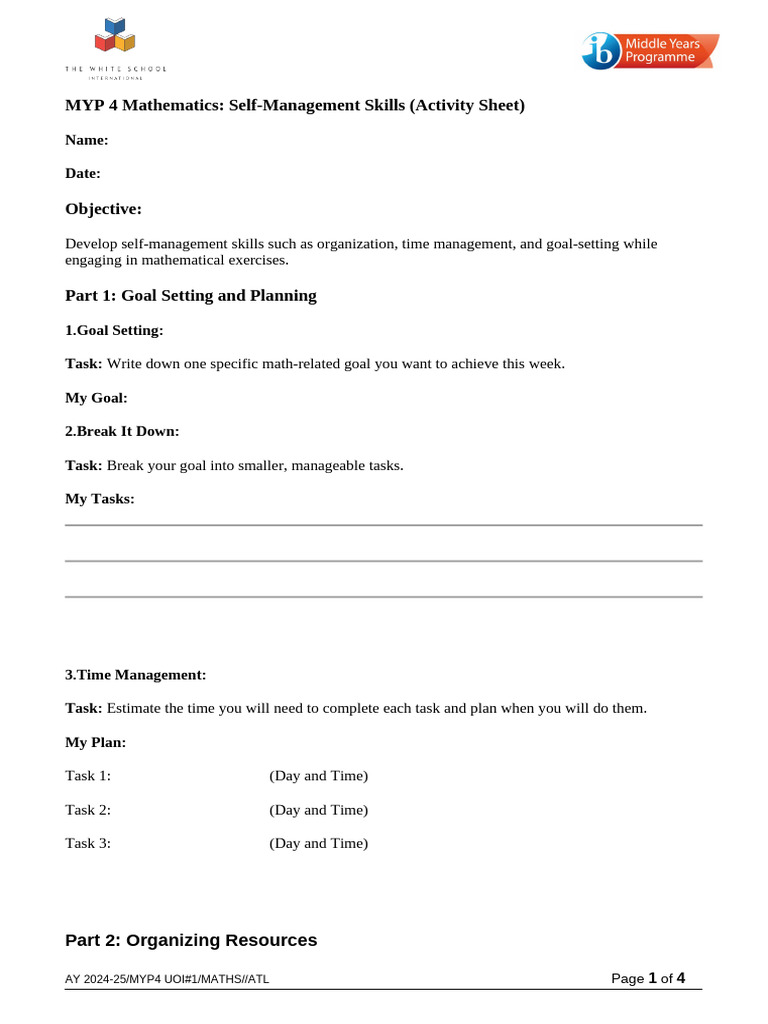 Self Management Skill MYP4 | PDF
