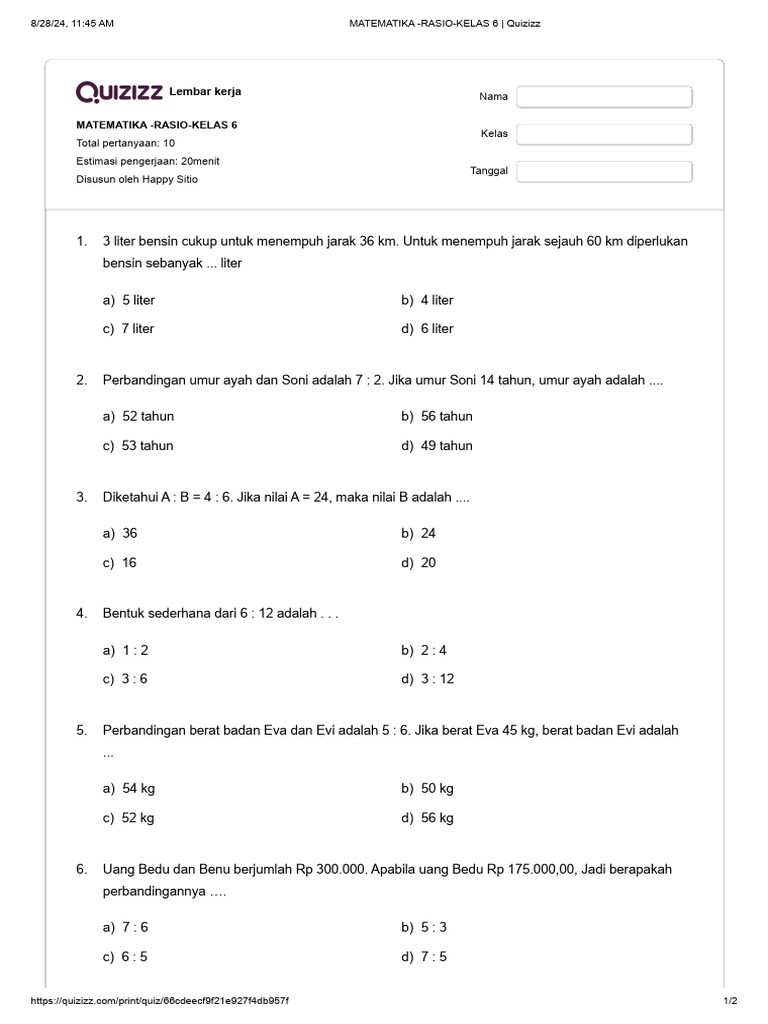 Soal Latihan Rasio Kelas 6 SD | PDF