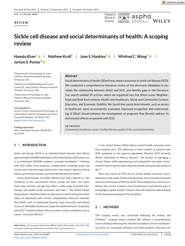 Sickle Cell Disease and Social Determinants of Health - A Scoping ...