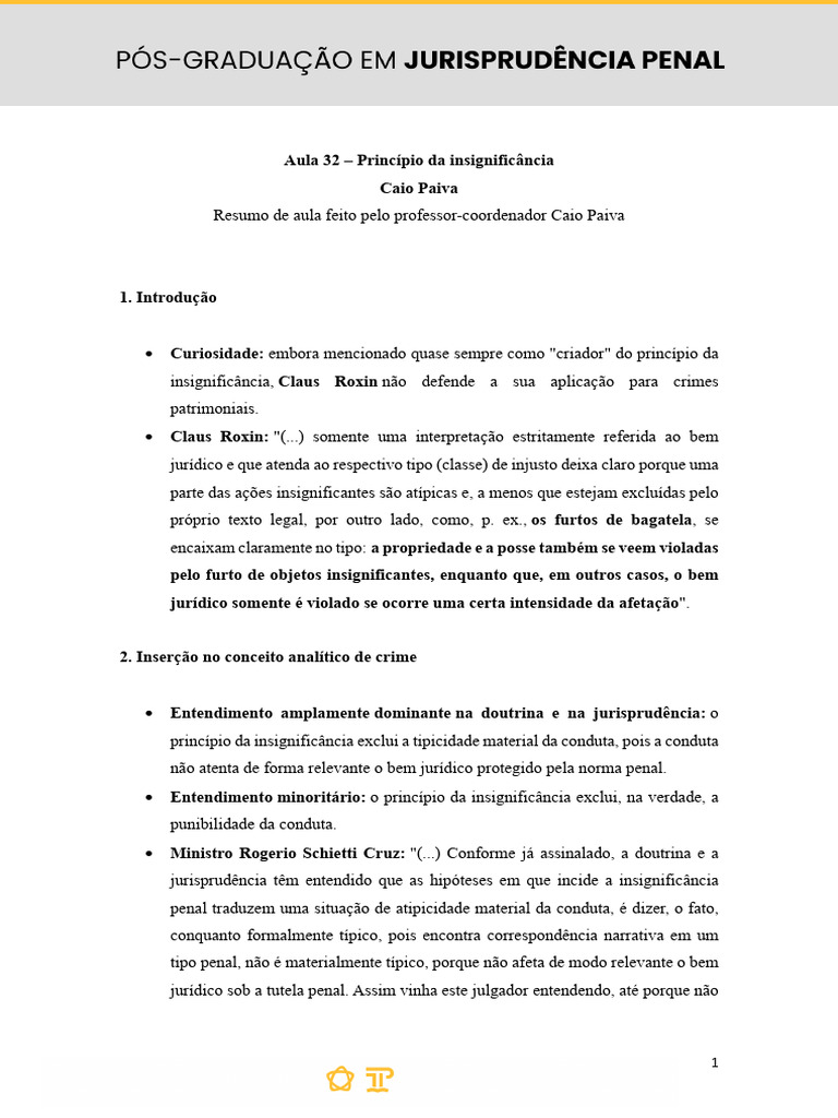 Aula 32 - Princípio Da Insignificância | PDF