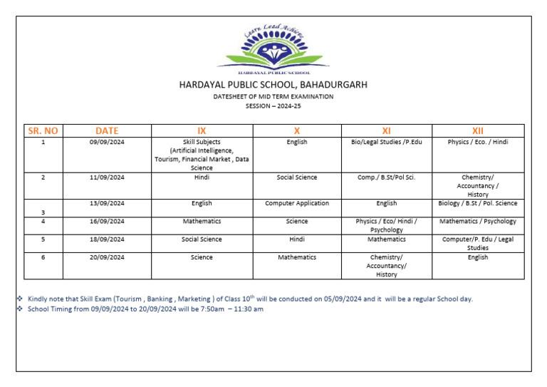 Mid Term Exam Datesheet (Class IX-XIII) | PDF