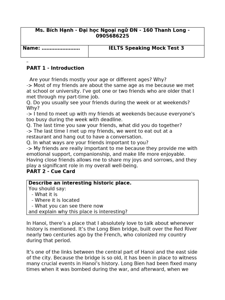 IELTS Speaking Mock Test 3 Overview | PDF | Ho Chi Minh City | Teachers