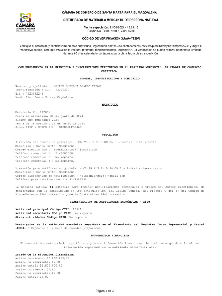 Certificado Camara de Comercio | PDF