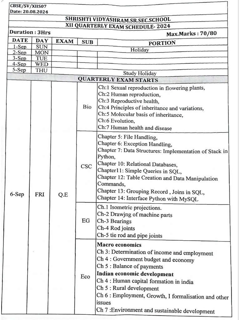 XII - Quarterly Exam Schedule | PDF