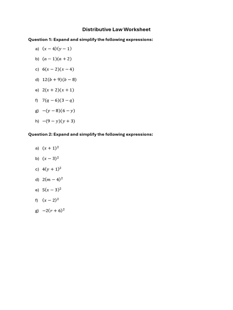 Distributive Law Worksheet | PDF
