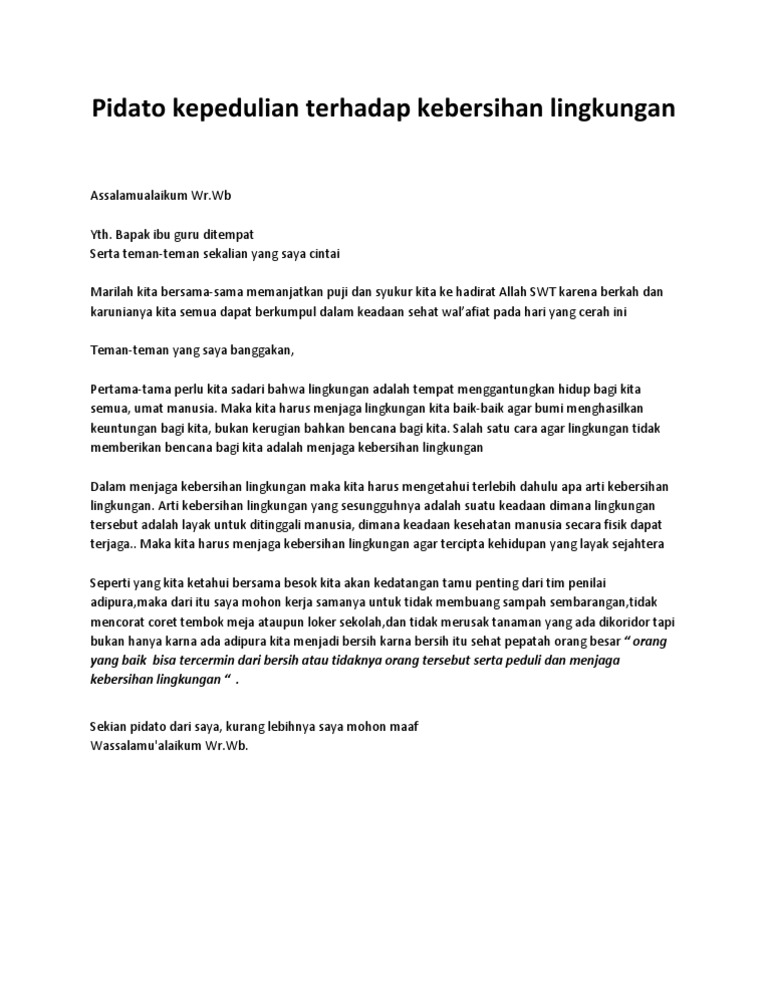 Pidato Kepedulian Terhadap Kebersihan Lingkungan