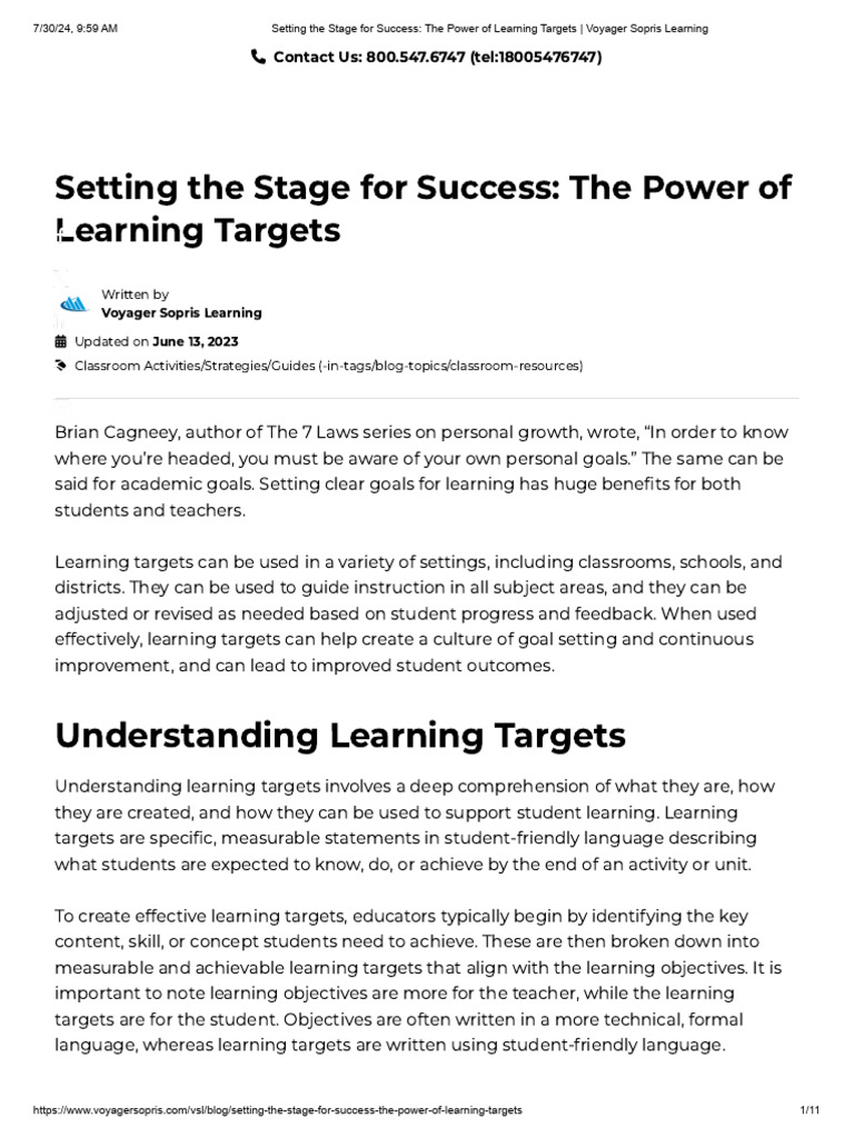 Setting the stage for success the power of learning targets voyager