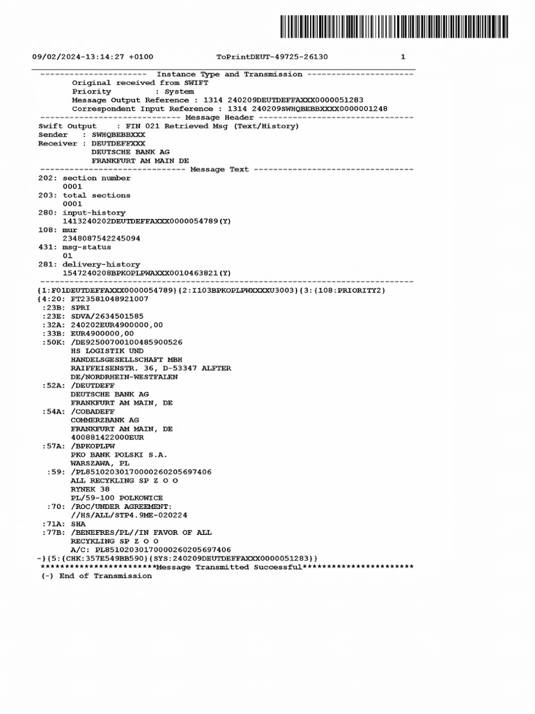 Swift MT021 09 02 2024 Delivered Swift Fin103 STP HS Logistik All | PDF