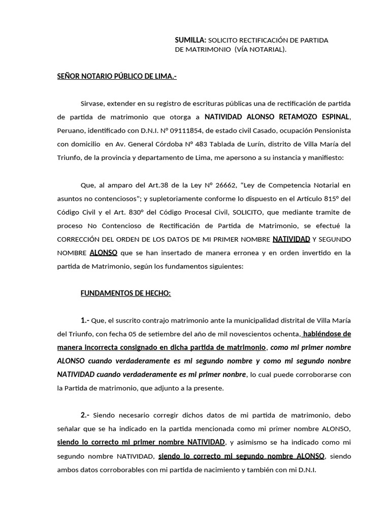 Modelo De Rectificacion De Partida De Defuncion Via Notarial