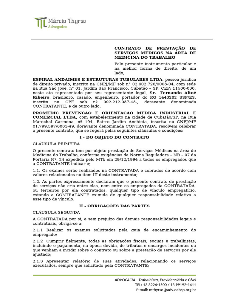 Contrato Presta o De Servi os Em Medicina Do Trabalho Promedic E 