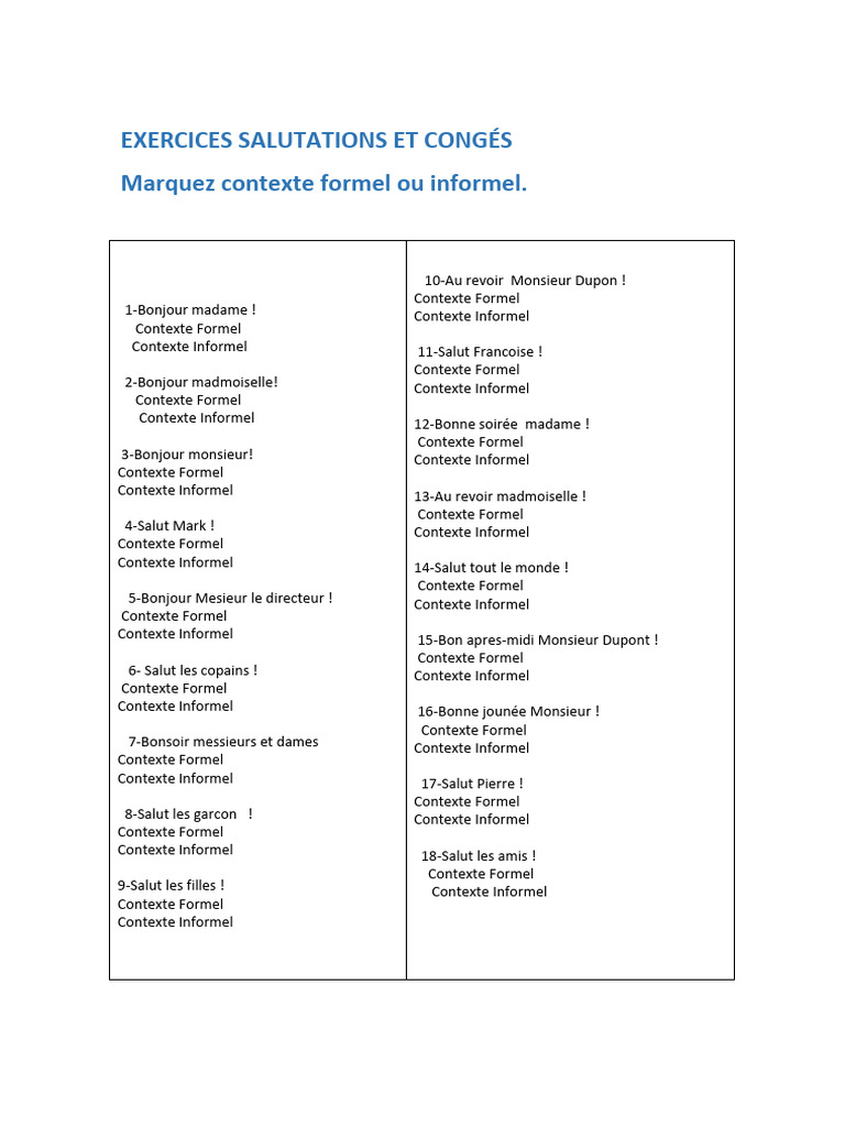 Exercices de salutations en français | PDF