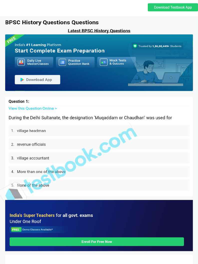 BPSC History Questions 64c13f98181c8683fed7258c | PDF