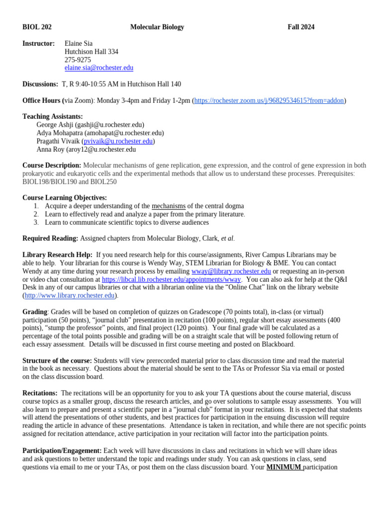 BIOL 202 Syllabus 2024 | PDF