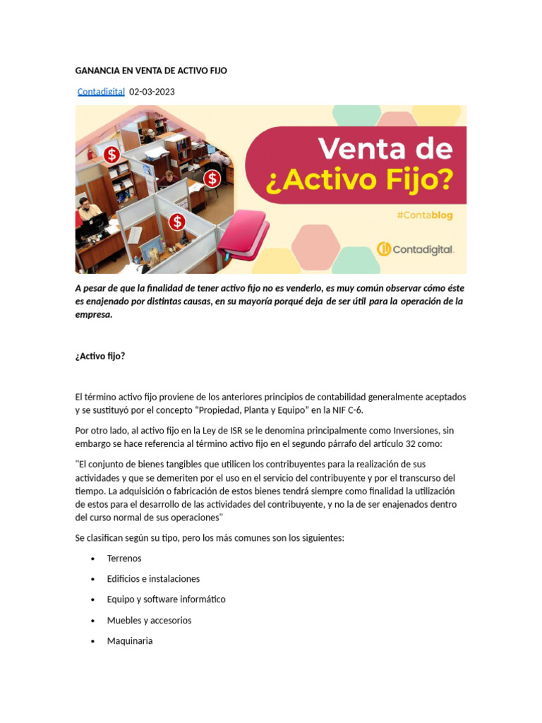 Ganancia En Venta De Activo Fijo Pdf