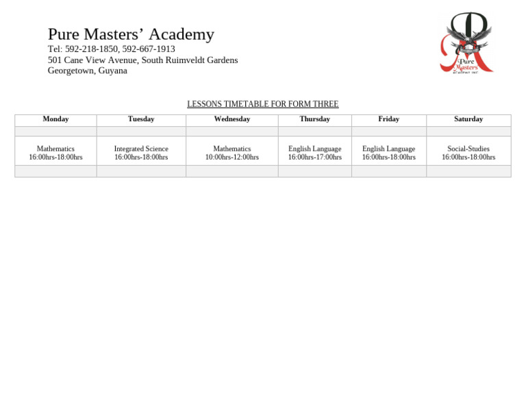 Form Three (F3) Lessons Timetable | PDF