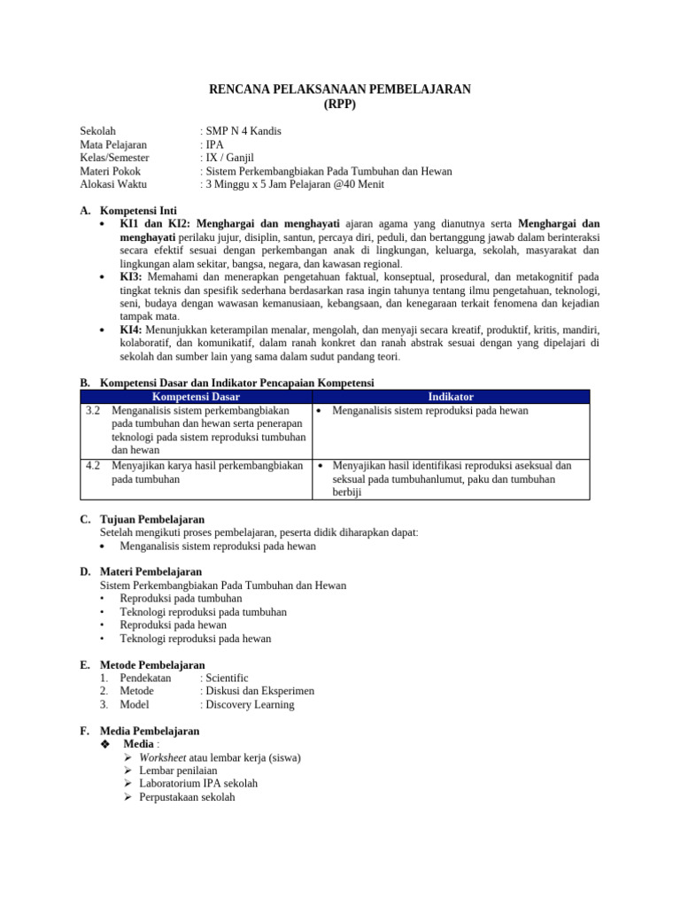 Rencana Pelaksanaan Pembelajaran (RPP) : Kompetensi Dasar Indikator | PDF