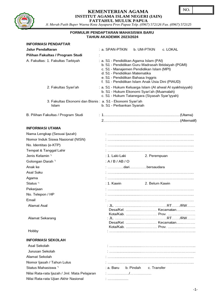 Formulir Mahasiswa Baru 2023 Pdf