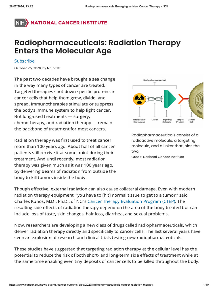 Radiopharmaceuticals Emerging As New Cancer Therapy - NCI | PDF