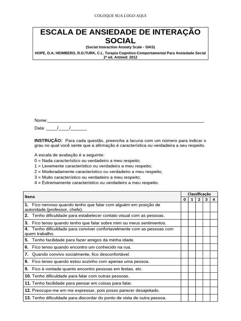 Escala de Ansiedade de Interação Social - Sias | PDF