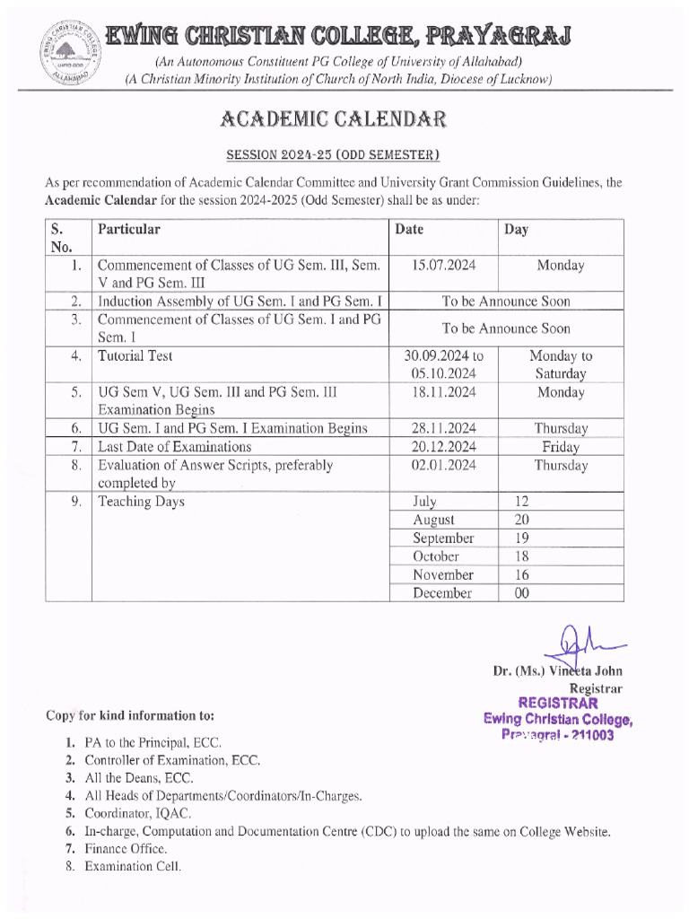 Academic Calander For Odd Semester Session 2024-2025-PJQXXP | PDF