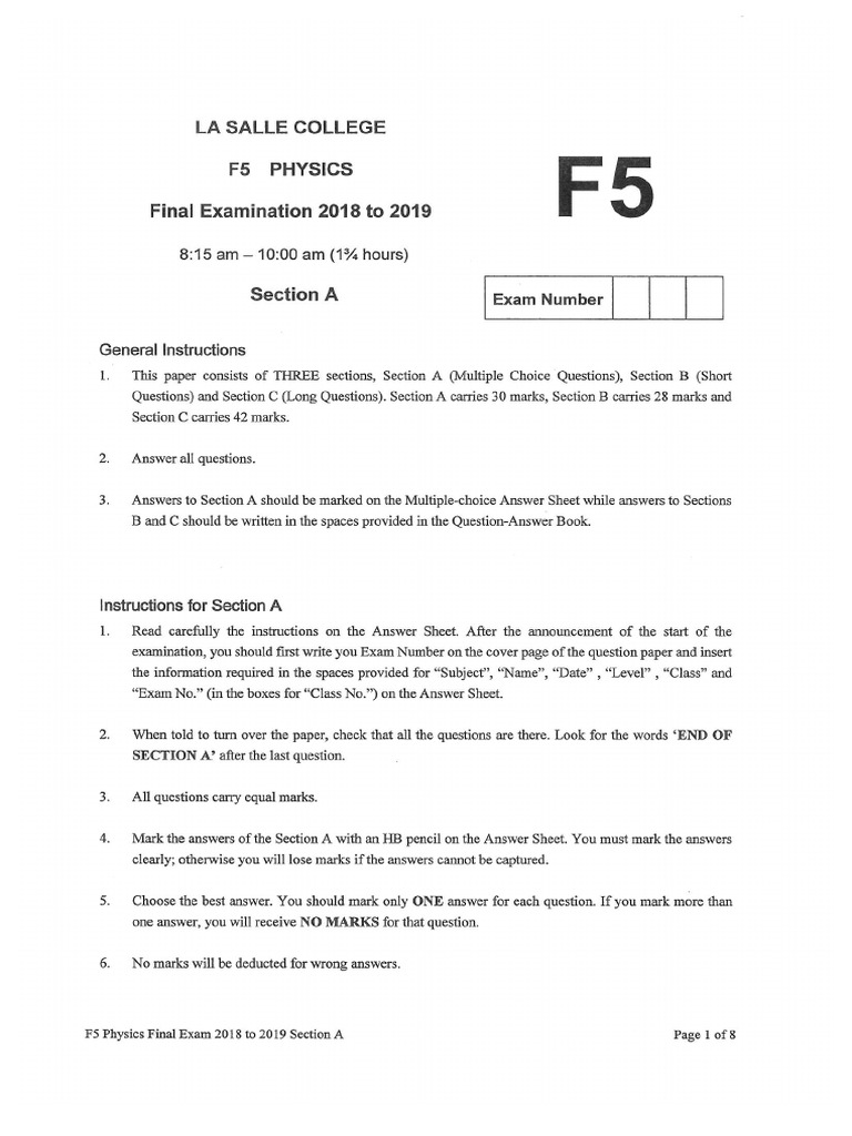 La Salle 2018-2019 Final Exam F5 Physics | PDF