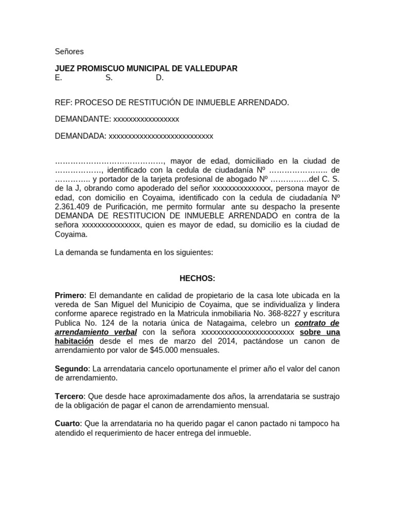 Modelo de Demanda de Restitucion de Inmueble | PDF