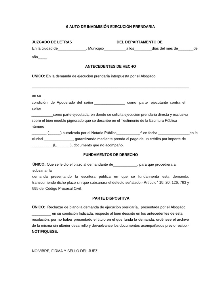 Auto de Inadmisión Ejecución Prendaria | PDF