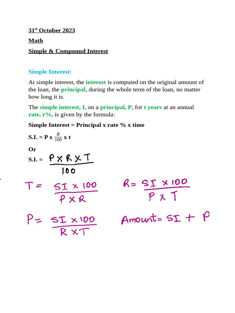 31st october 2023 math consumer arithmetic simple interest pdf