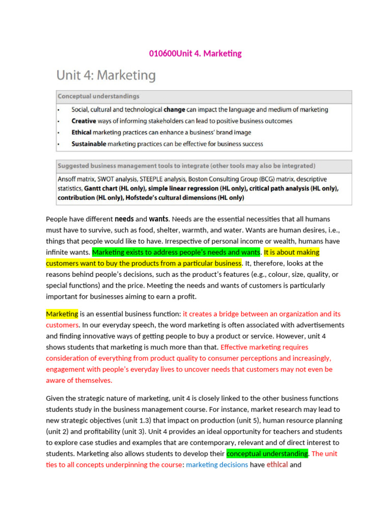 Unit 4.1 Role of Marketing Notes | PDF | Marketing | Market (Economics)
