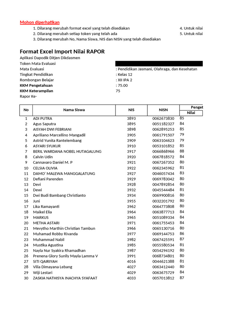 Format Nilai Rapor 20231 XII - IPA - 2 Pendidikan Jasmani, Olahraga ...
