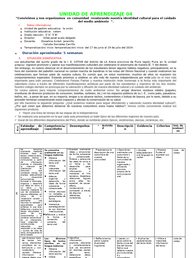 5° Grado Unidad de Aprendizaje 3 Junio 2024 2 Cotam | PDF ...