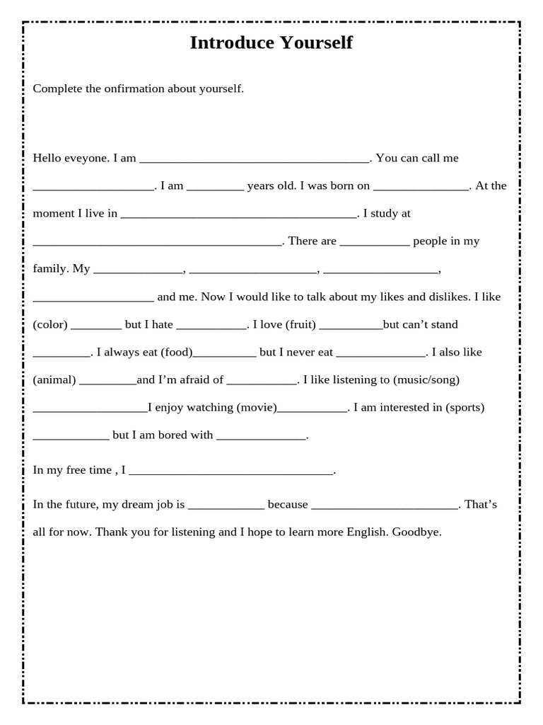 Personal Introduction Template | PDF | Self-Improvement | Lifestyle