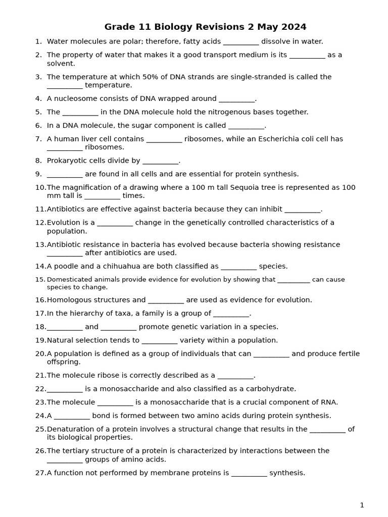 Grade 11 Biology Revisions 2 May 2024 | PDF