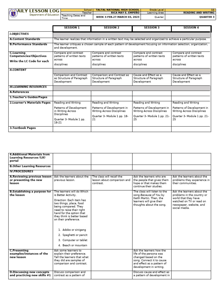 Daily Lesson Log: Department of Education | PDF