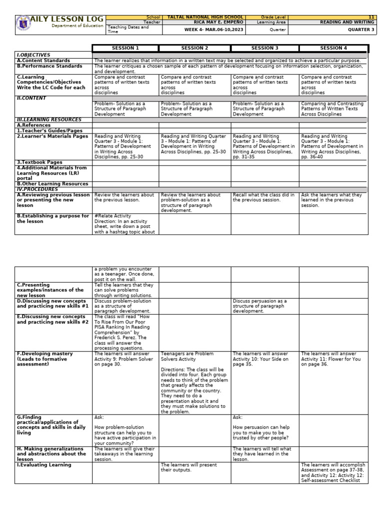 Daily Lesson Log: Department of Education | PDF