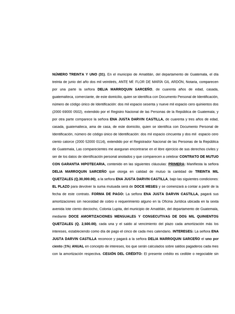 Contrato de Mutuo con Hipoteca en Amatitlán | PDF | Ley de hipotecas ...