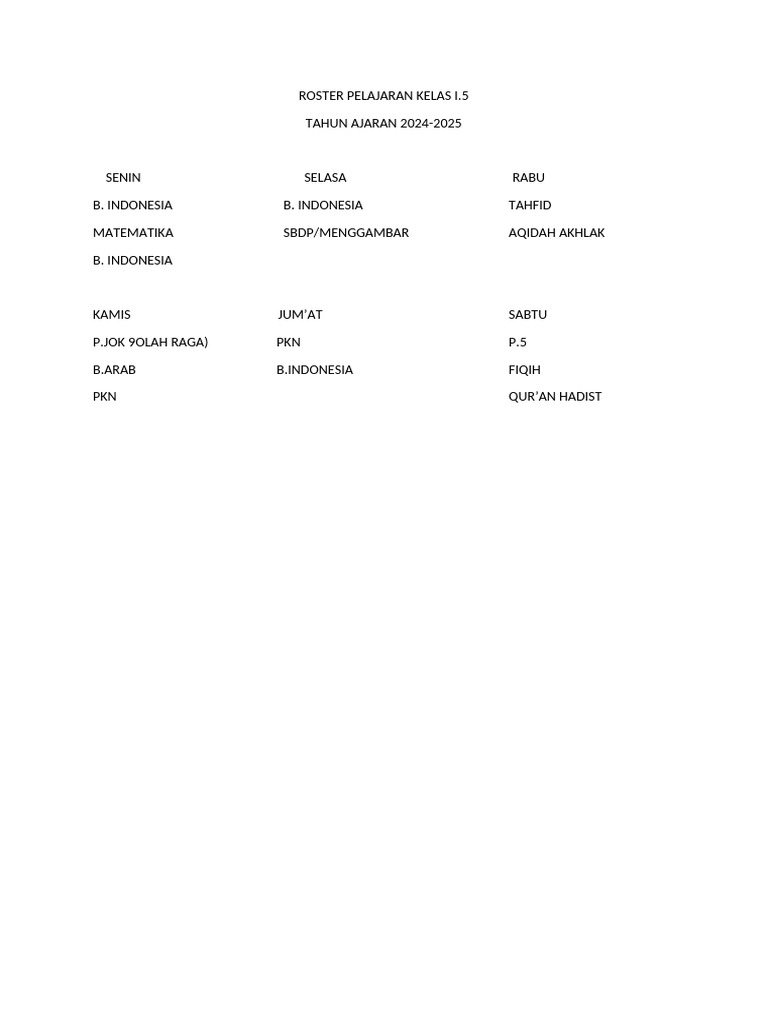 Roster Pelajaran Kelas I | PDF