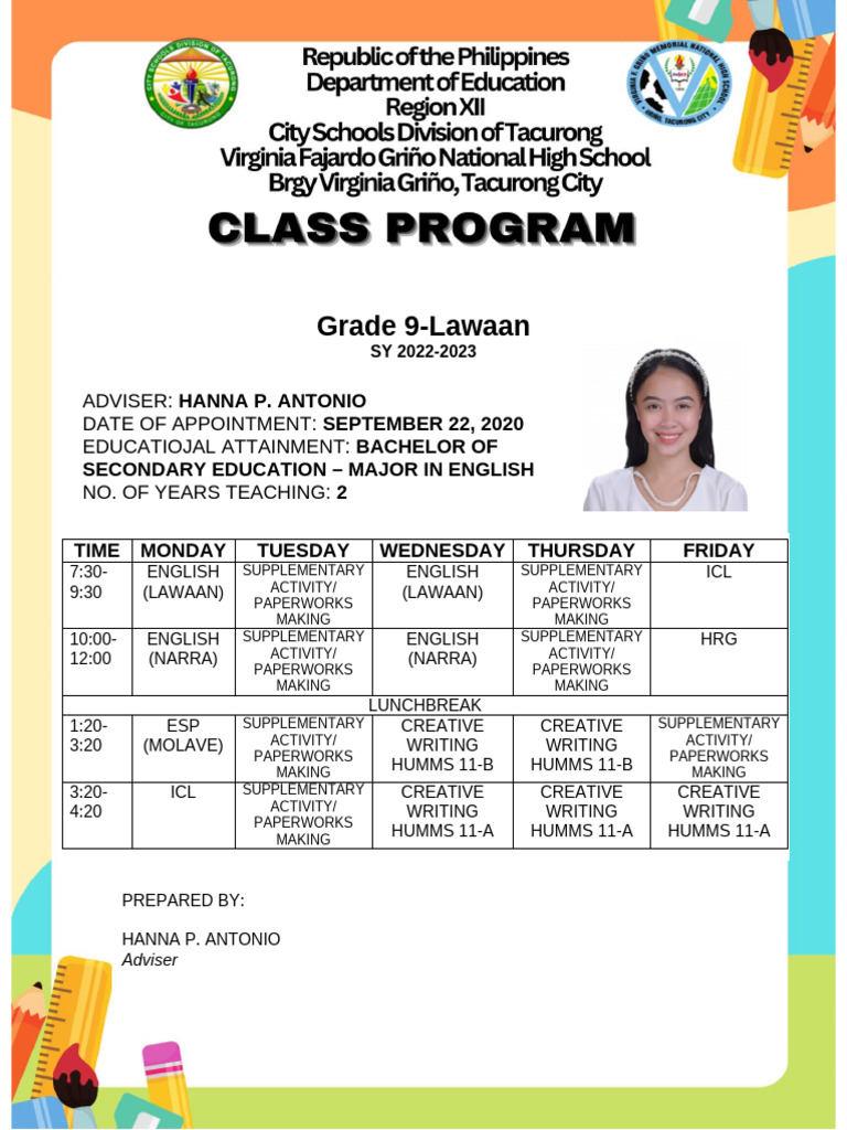 Grade 9 Weekly Class Schedule 2022-2023 | PDF