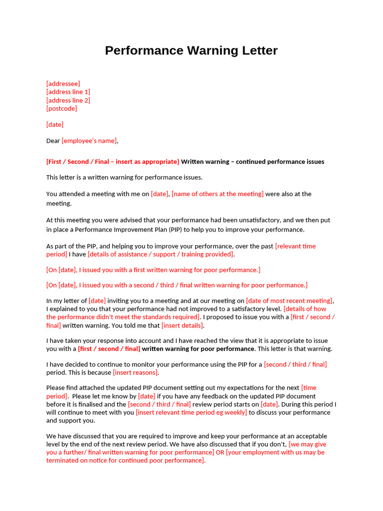 Performance Warning Letter Template | PDF