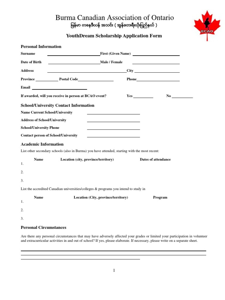 YouthDream Scholarship Application Form | PDF | Myanmar | Volunteering