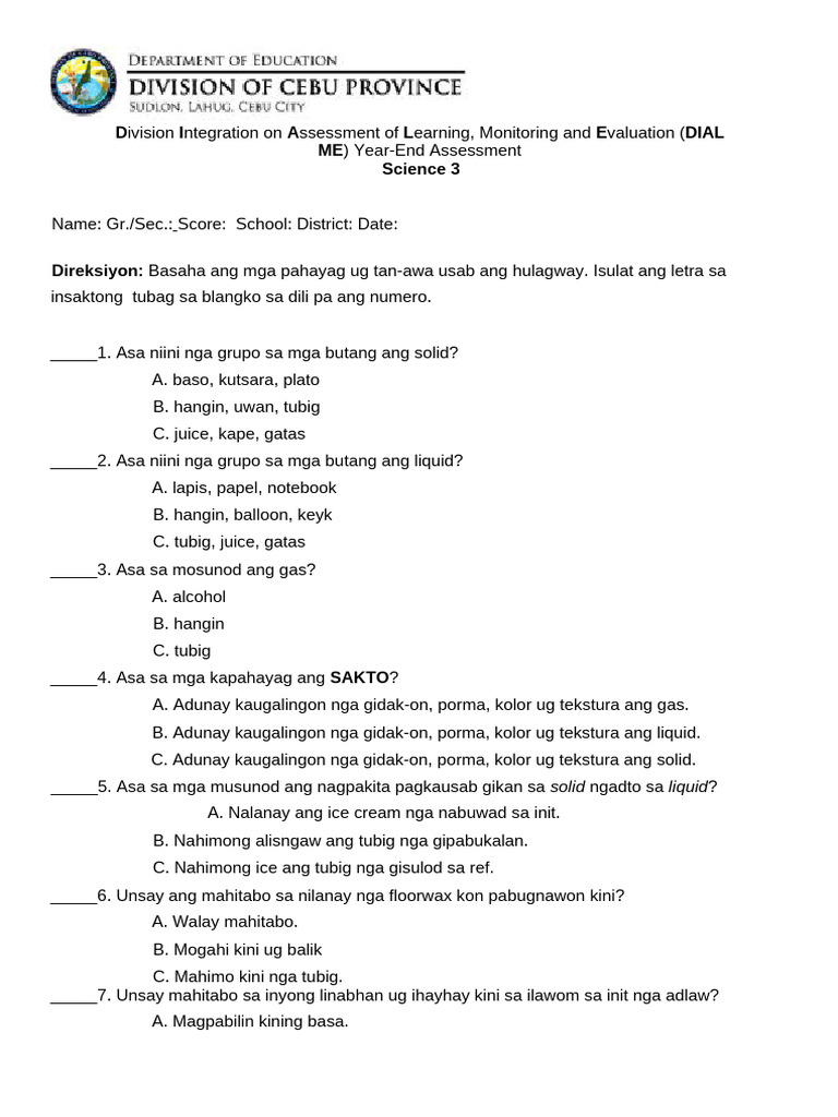DIAL ME Year End Assessment in SCIENCE 3 Regular Test Questions | PDF