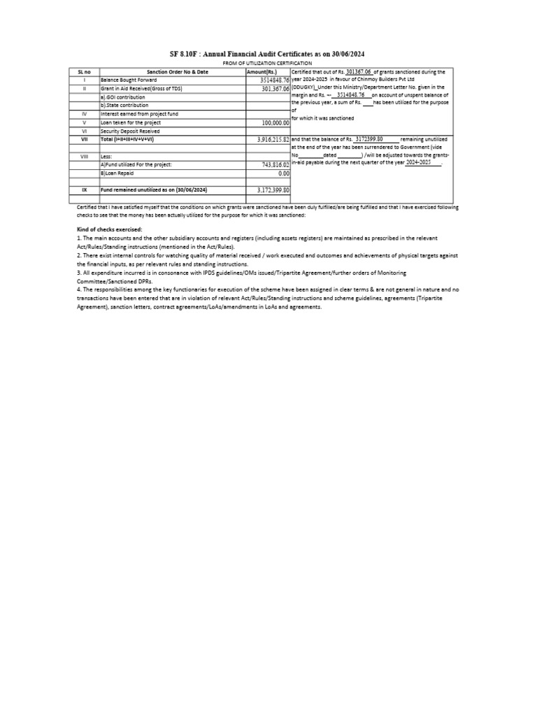 SF 8.10F: Annual Financial Audit Certificates As On 30/06/2024 | PDF