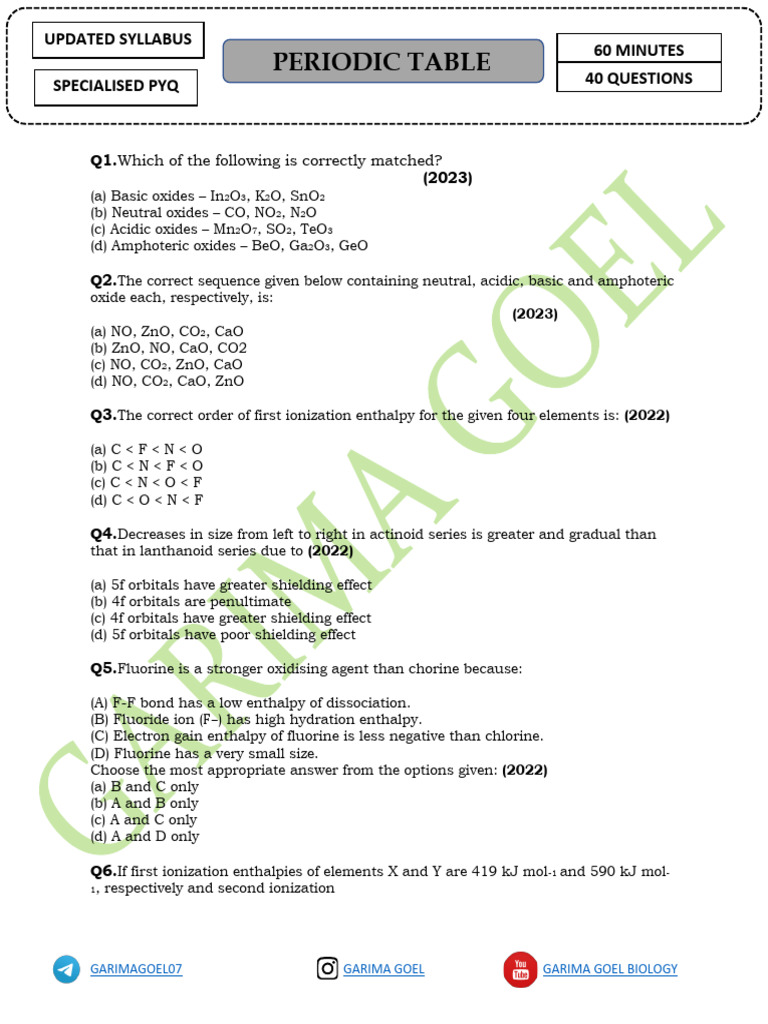 Class 11 Periodic Table Notes PDF | PDF | Ion | Atomic Physics