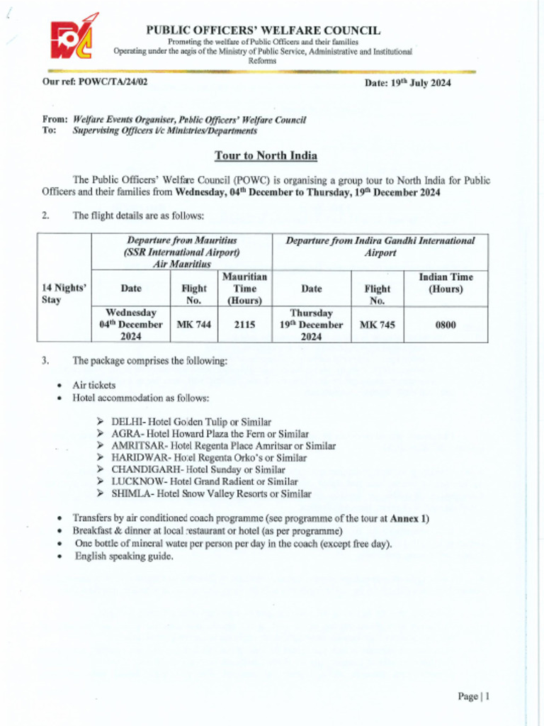 CIRCULAR - POWC Tour To North India December 2024 | PDF